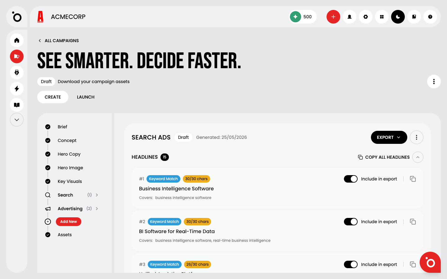 Headlines with type badges, character counts and Covers lines