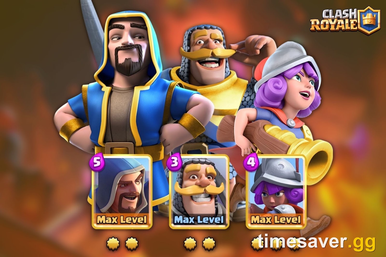Three maxed Clash Royale cards showing gold Star Level stars beneath them — Star Levels are a purely cosmetic golden skin that changes no stats.