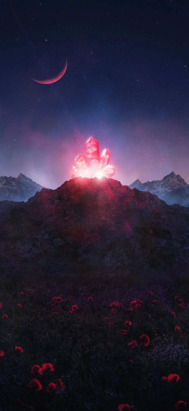 Glowing Red Crystal On Mountain - Digital Fantasy Art Full HD iPhone Wallpaper (1325x2879)