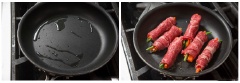 Đun nóng chảo với 1 muỗng dầu ăn, cho thịt bò cuộn vào chiên áp chảo đến khi chín các mặt thì cho 2 muỗng rượu sake vào, để sôi. Sau đó, rưới phần nước sốt tương đã chuẩn bị lên thịt, để sốt sôi, đảo cuộn thịt cho thấm. Gắp thịt cuộn ra để không bị dai, phần nước sốt trong chảo tiếp tục nấu đến khi hơi sệt lại và có màu đậm. Cắt thịt thành miếng vừa ăn, xếp lên dĩa, rưới nước sốt và thưởng thức.