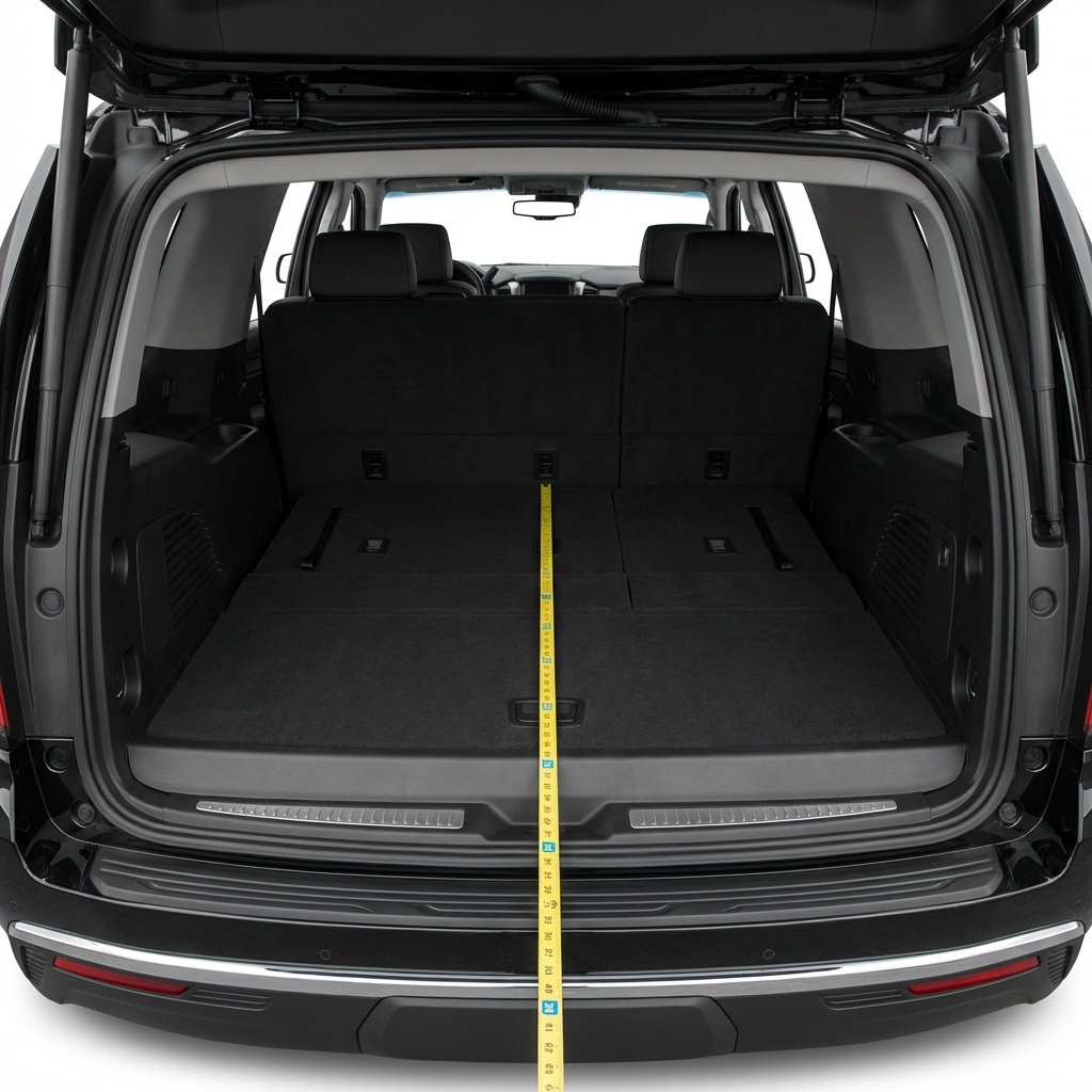 Open rear cargo area of a Chevy Suburban with third row folded flat and measuring tape extended to show usable length chevy suburban for sale