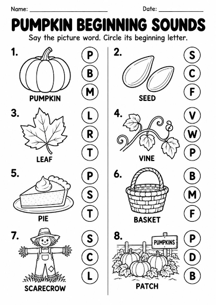 Pumpkin Beginning Sounds Worksheet