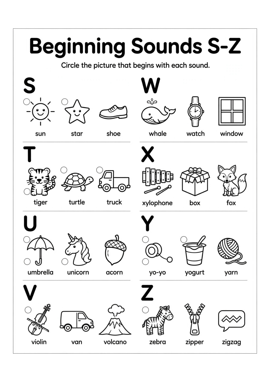 Beginning Sounds S to Z Worksheet