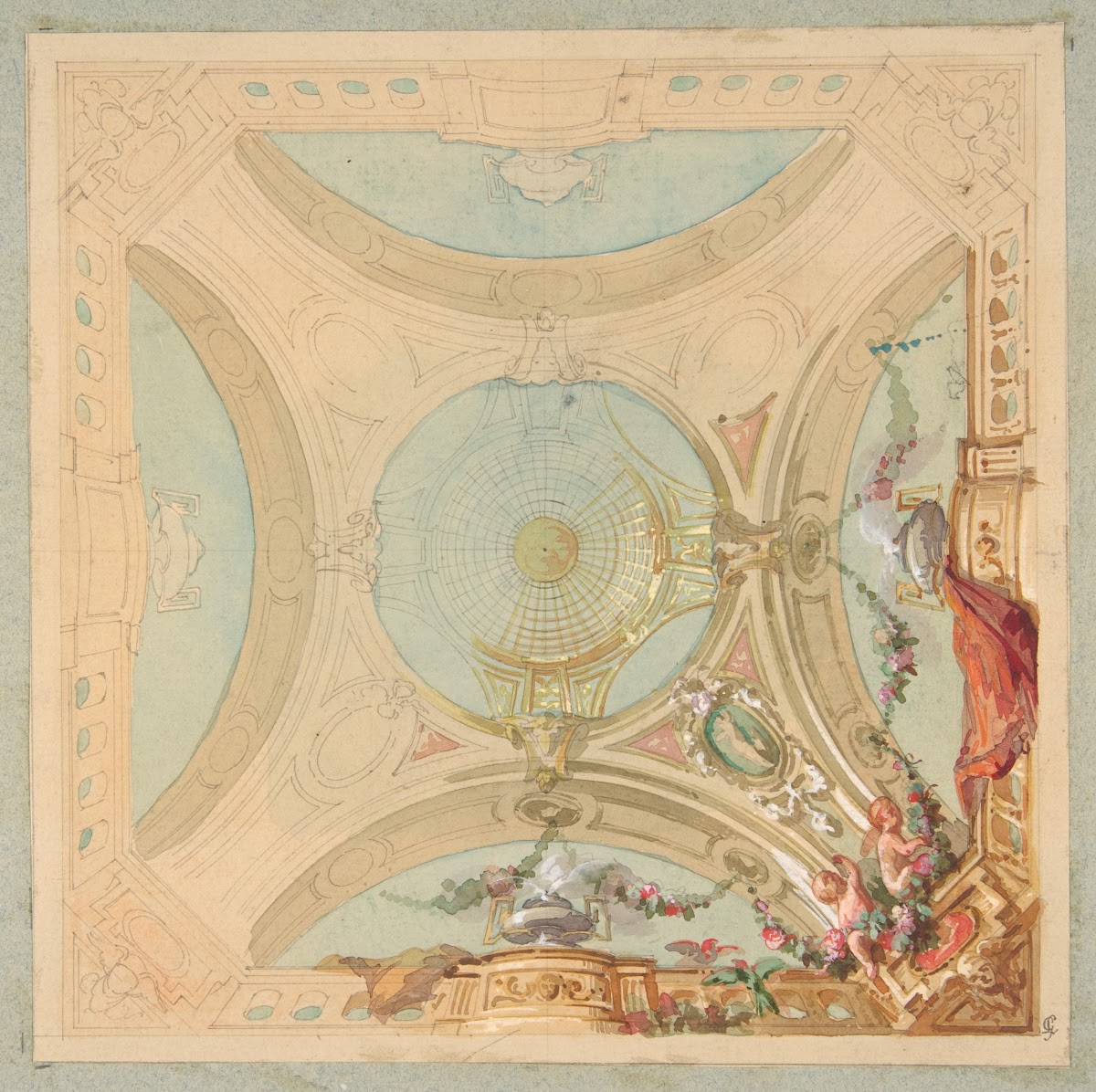 Design for a ceiling with garland bearing putti 19th Century