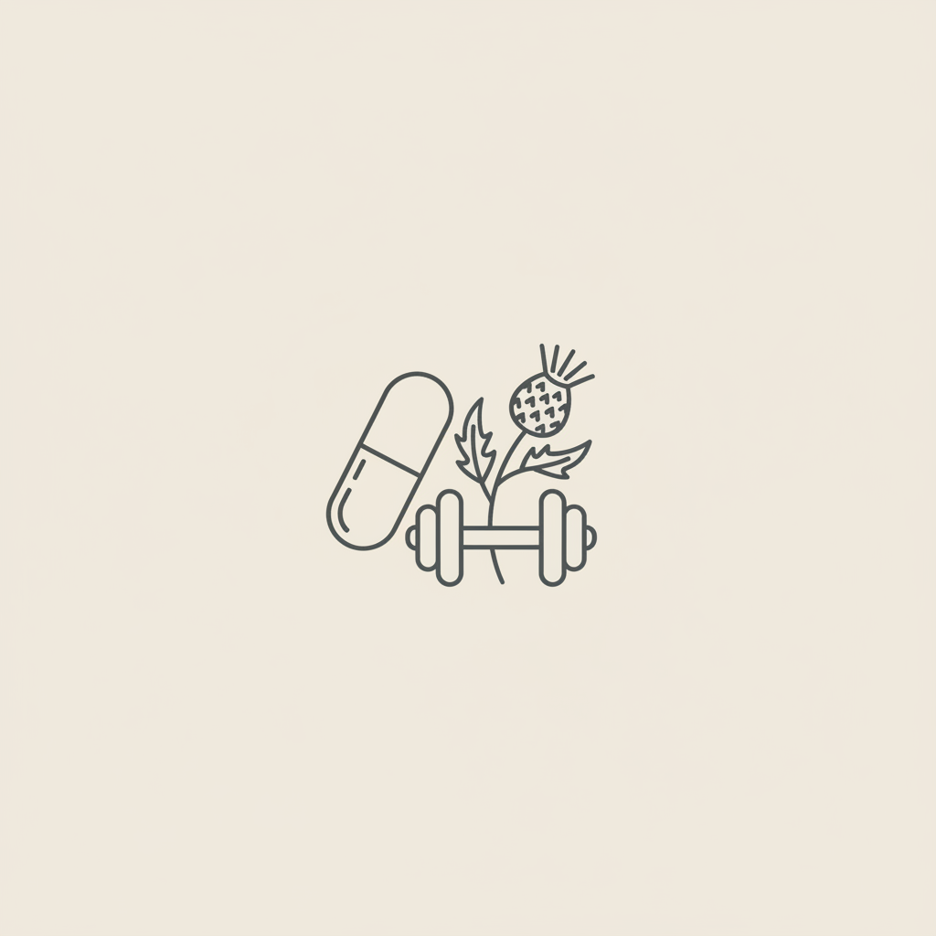 Minimalist Tonum-style line illustration of a capsule, small dumbbell, and milk thistle sprig on beige background, symbolizing creatine and fat loss.