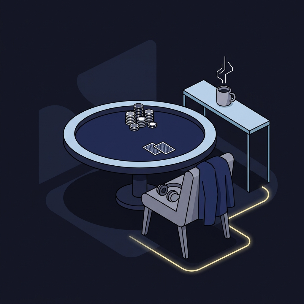 Minimalist 2D vector of an empty poker lounge with a pulled back chair jacket headphones chips and cards implying a player taking a break to avoid tilt What Is a Bad Beat
