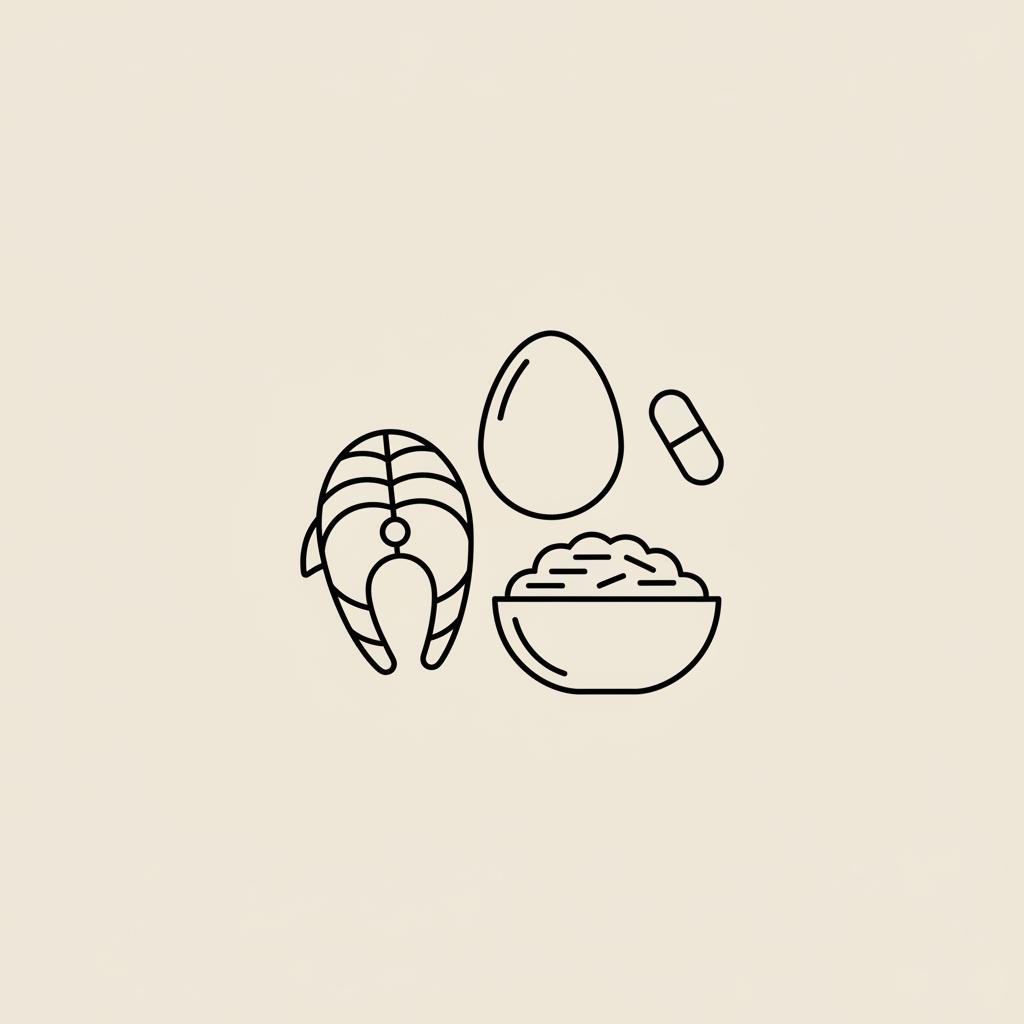 Minimal Tonum-style line illustration of a plate with fish, an egg, a bowl of oats and a small capsule on beige background to illustrate reduce sugar cravings naturally