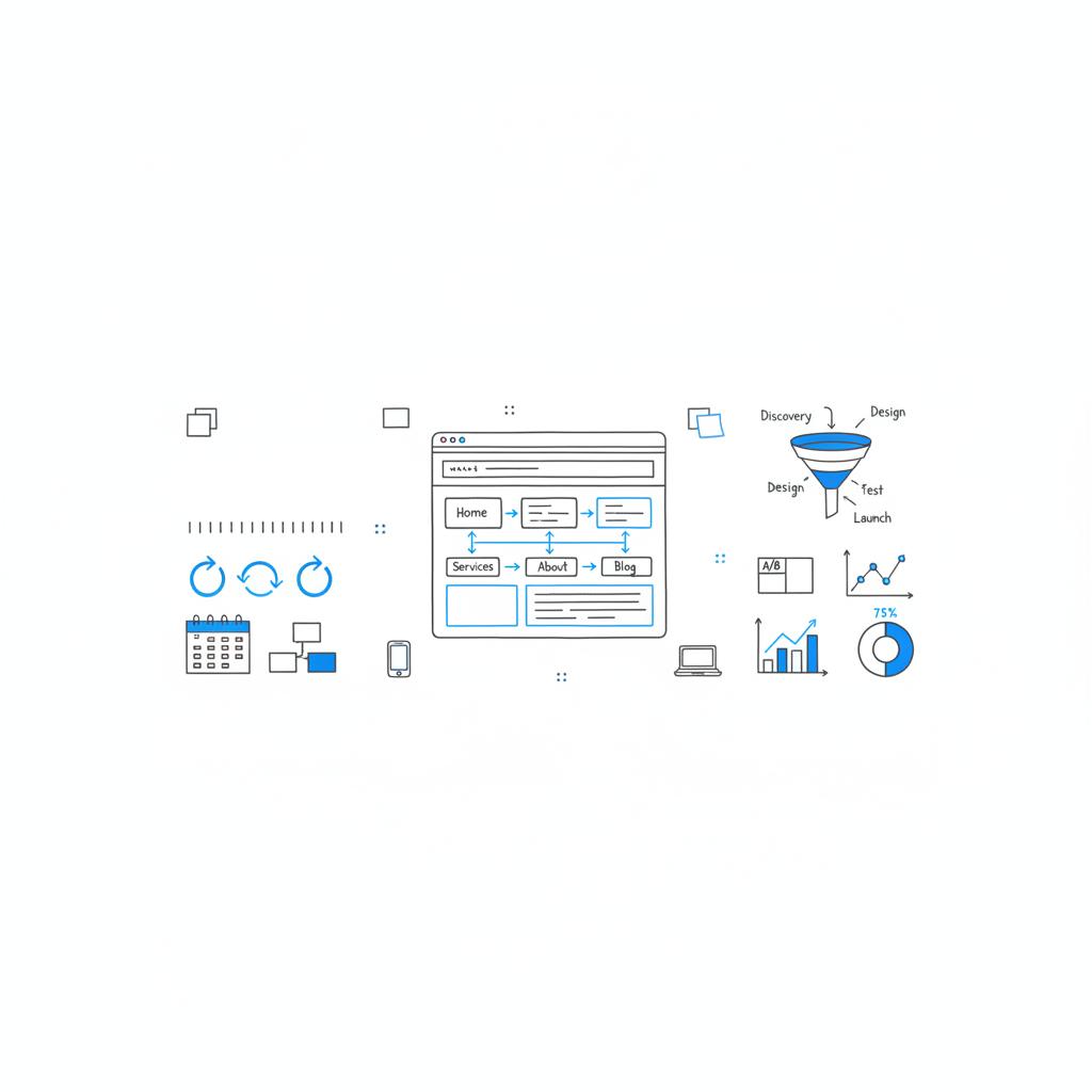 Minimal vector notebook sketch of timeline, sitemap and test flow illustrating how often should a website be redesigned