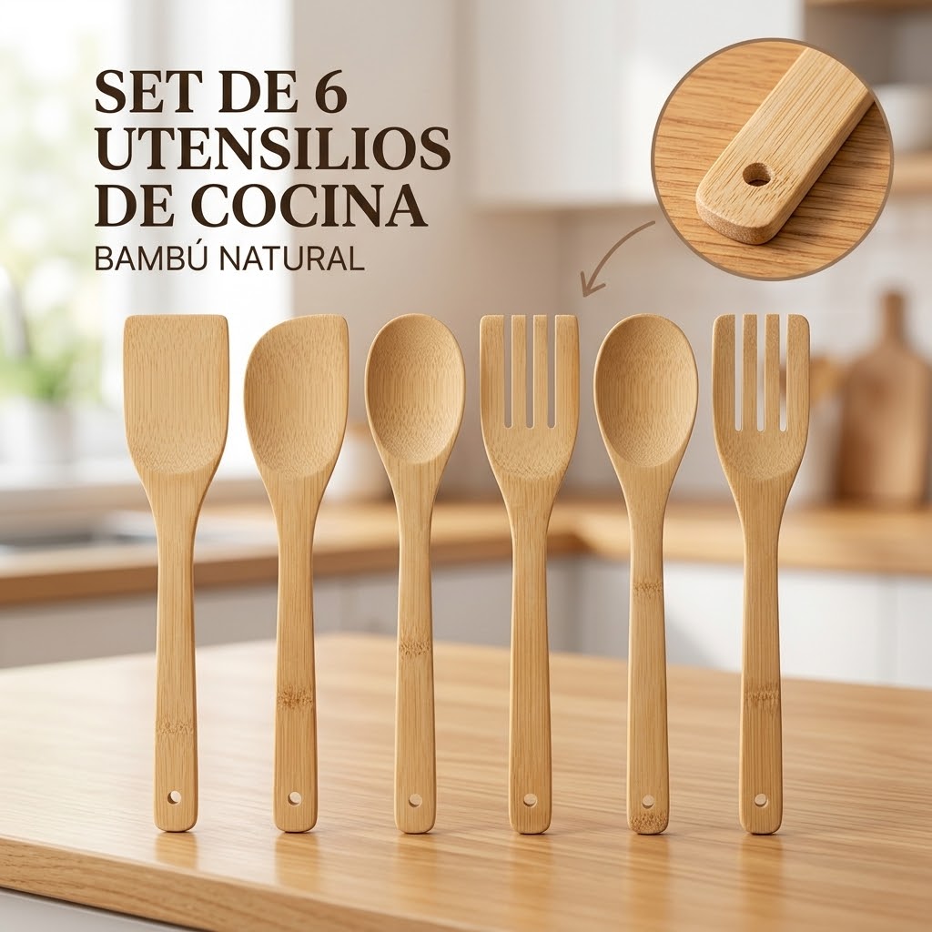 Set de 6 utensilios de cocina de bambú