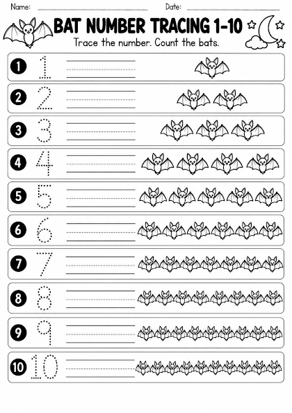 Bat Number Tracing 1 to 10 Worksheet