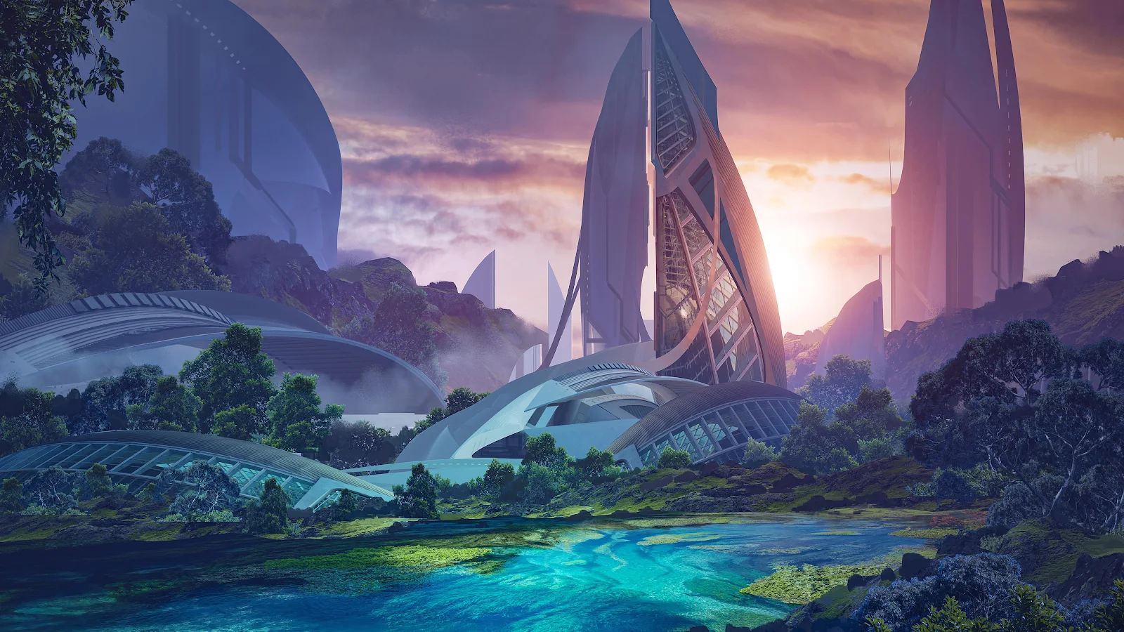 Futuristic City In Lush Valley - Sci-Fi Concept Art 4K Wallpaper (4500x2531)