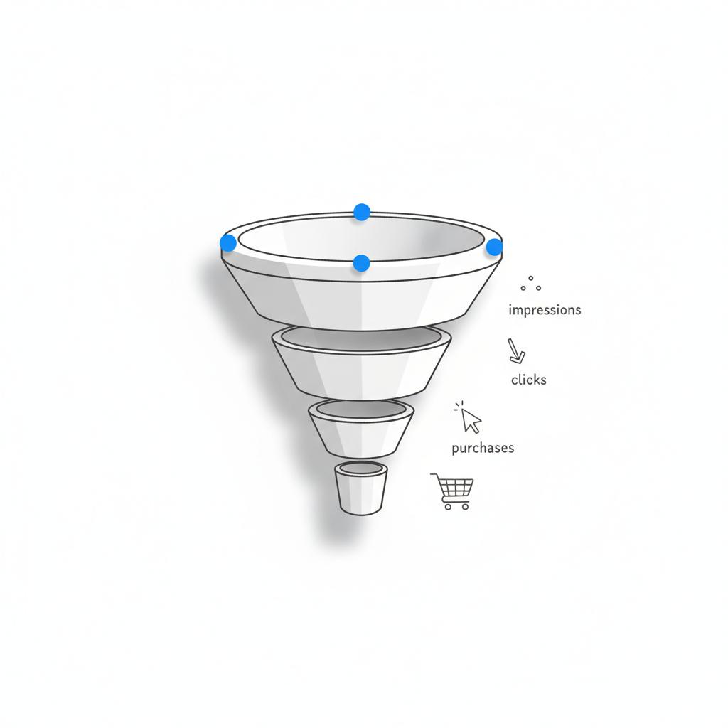 Minimal 2D vector paper-cut funnel with icons for impressions, clicks, and purchases on white background using Agency Visible colors, illustrating TikTok ads success rate