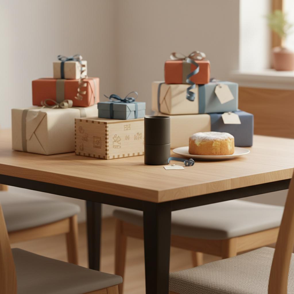 Intime Esstischszene mit sorgfältig verpackten Geschenken und Vanillekuchen, Fokus auf Bänder und Gravuren, ruhige Stimmung – 5-Geschenke-Regel