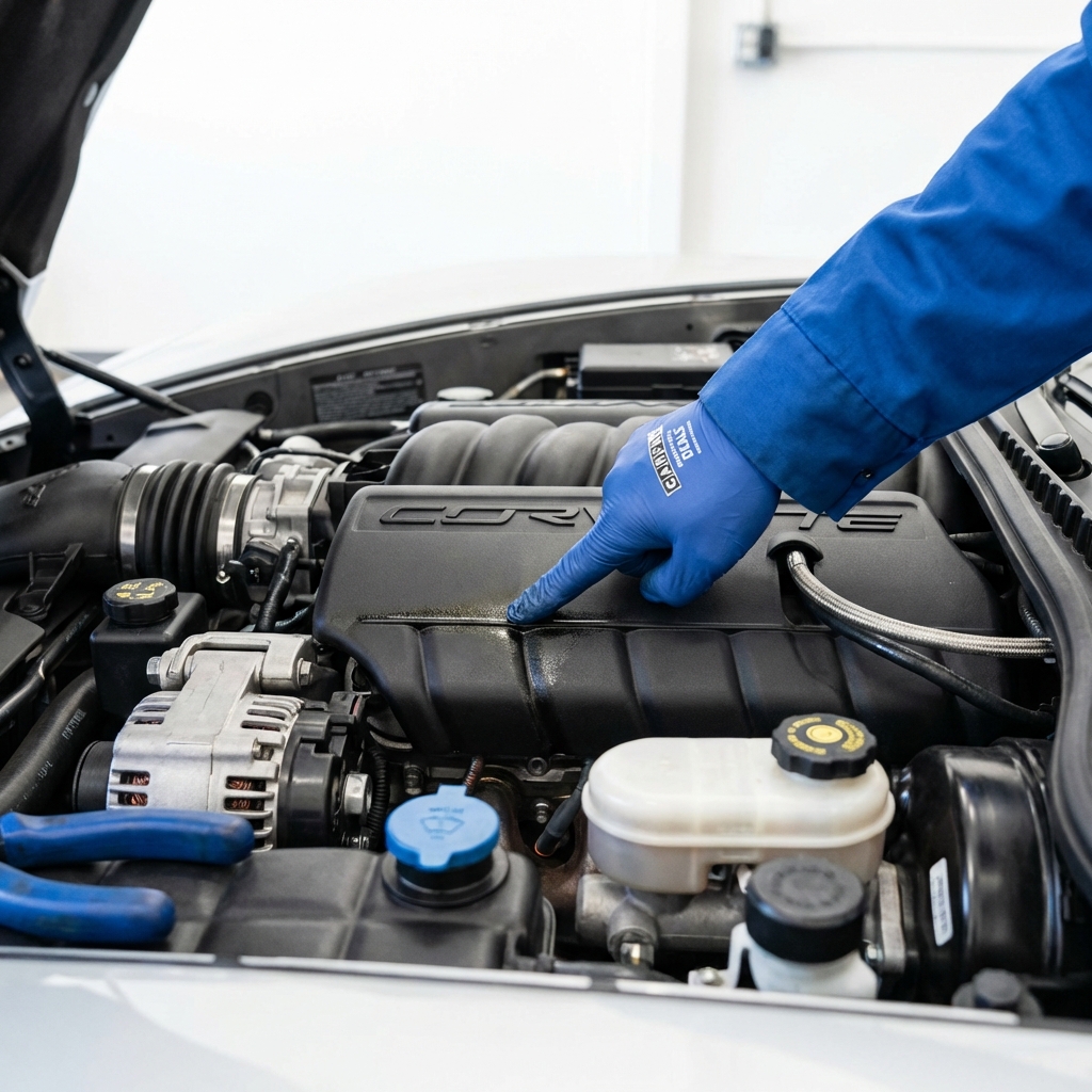 Close up photo of a clean Chevrolet Corvette engine bay with a mechanic pointing at a potential oil seep near the valve cover chevrolet corvette for sale