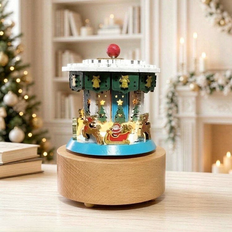 Wooden music box with lighting and winding mechanism