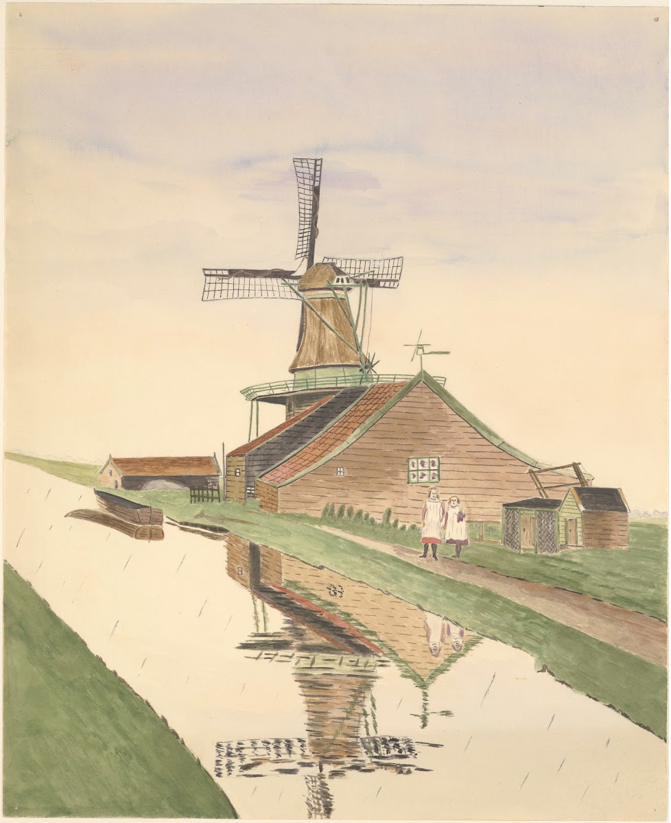 Mosterdmolentje De Veldbloem met twee meisjes ervoor ca 1930