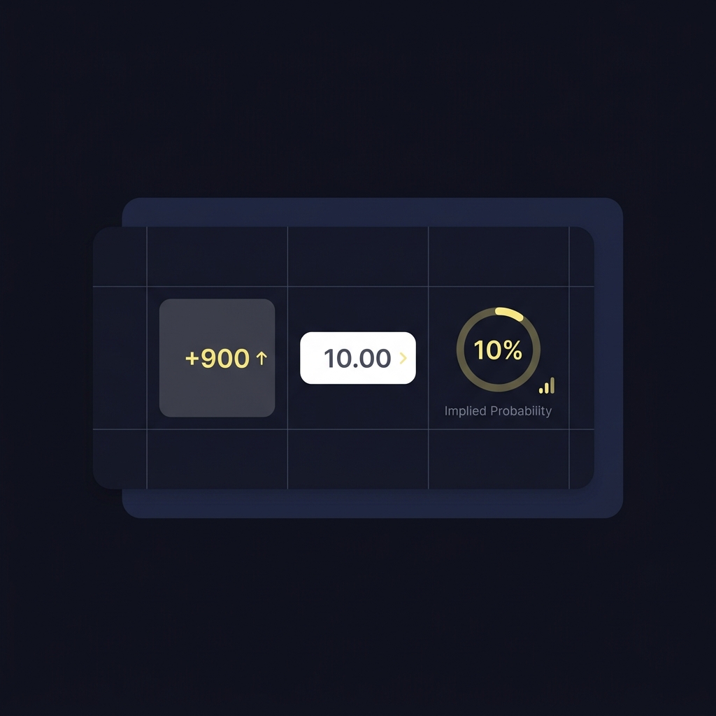 Minimalist 2D vector sports odds converter display showing a calculator style card converting plus 900 american odds to decimal 10 and implied probability 10 percent on a dark Funded Plays background