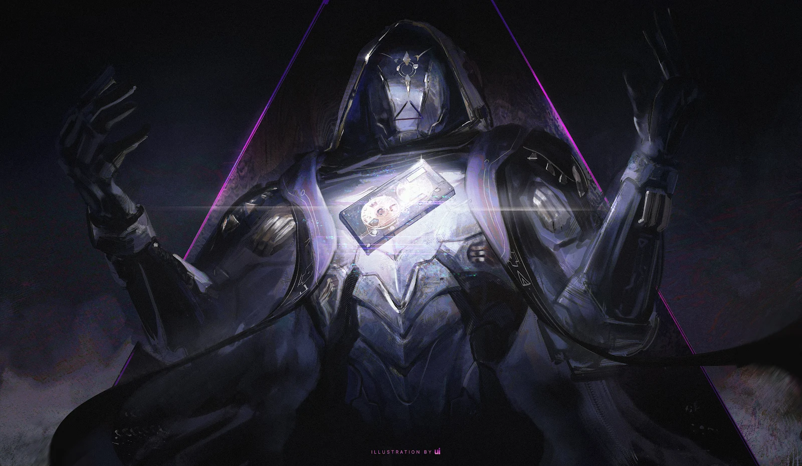 Hooded Future Sentinel Holding Relic - Digital Concept Art 4K Wallpaper (4096x2384)