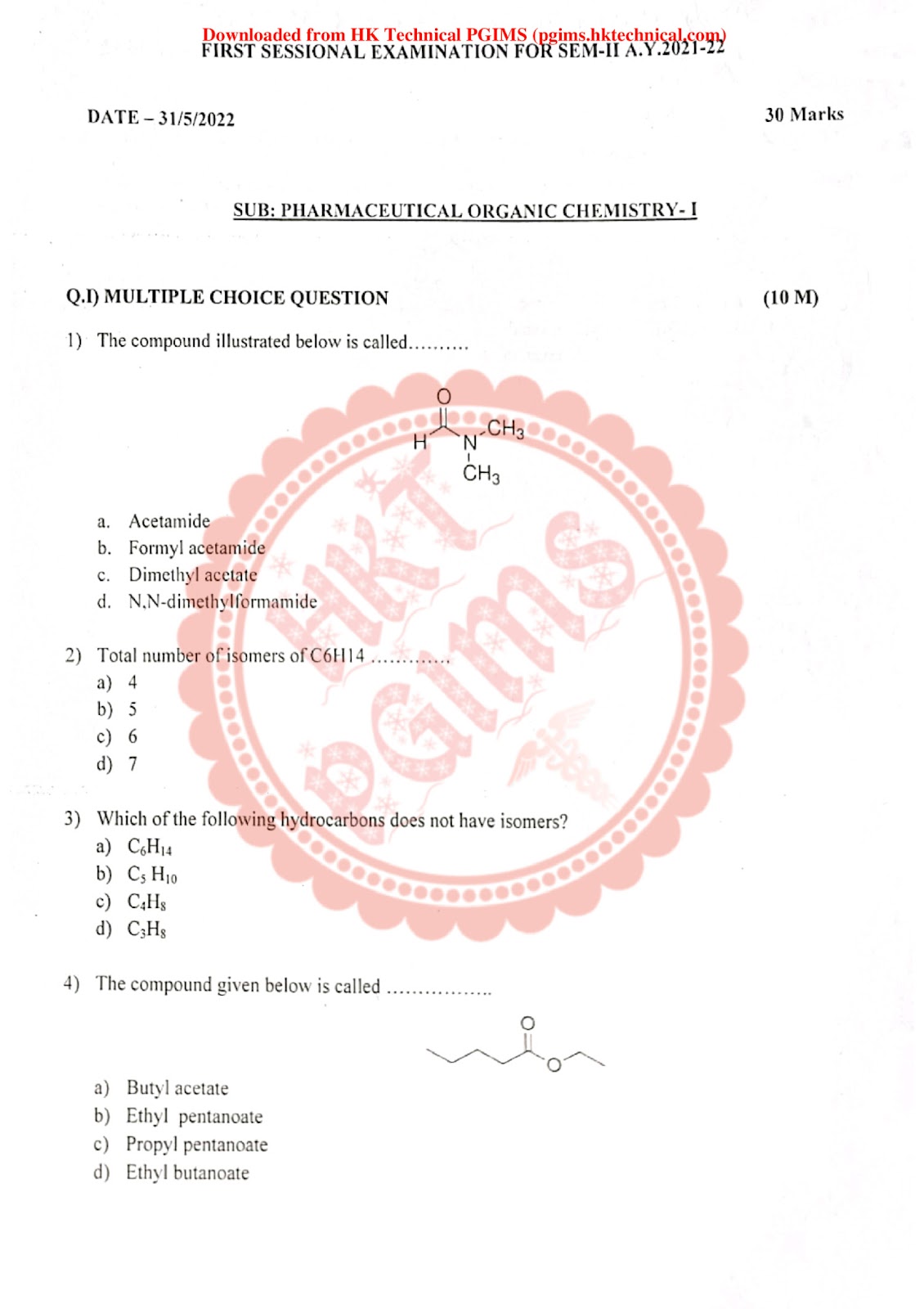  F.Y. B.PHARM 1st sessional pharmaceutical organic chemistry-। S.P.B.C.COP 2nd Semester B.Pharmacy Previous Year's Question Paper,BP202T Pharmaceutical Organic Chemistry I,BPharmacy,Previous Year's Question Papers,BPharm 2nd Semester,Sharada kadu - S.P.B.C.COP,