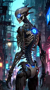 Sleek Cyberpunk Skeleton Cyborg in Neon Alleyway