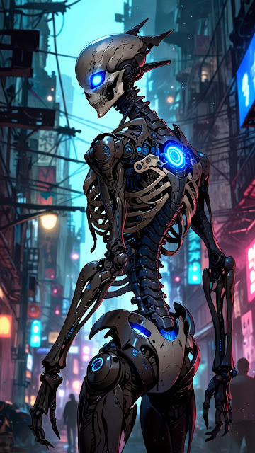 Sleek Cyberpunk Skeleton Cyborg in Neon Alleyway - Free mobile Wallpaper
