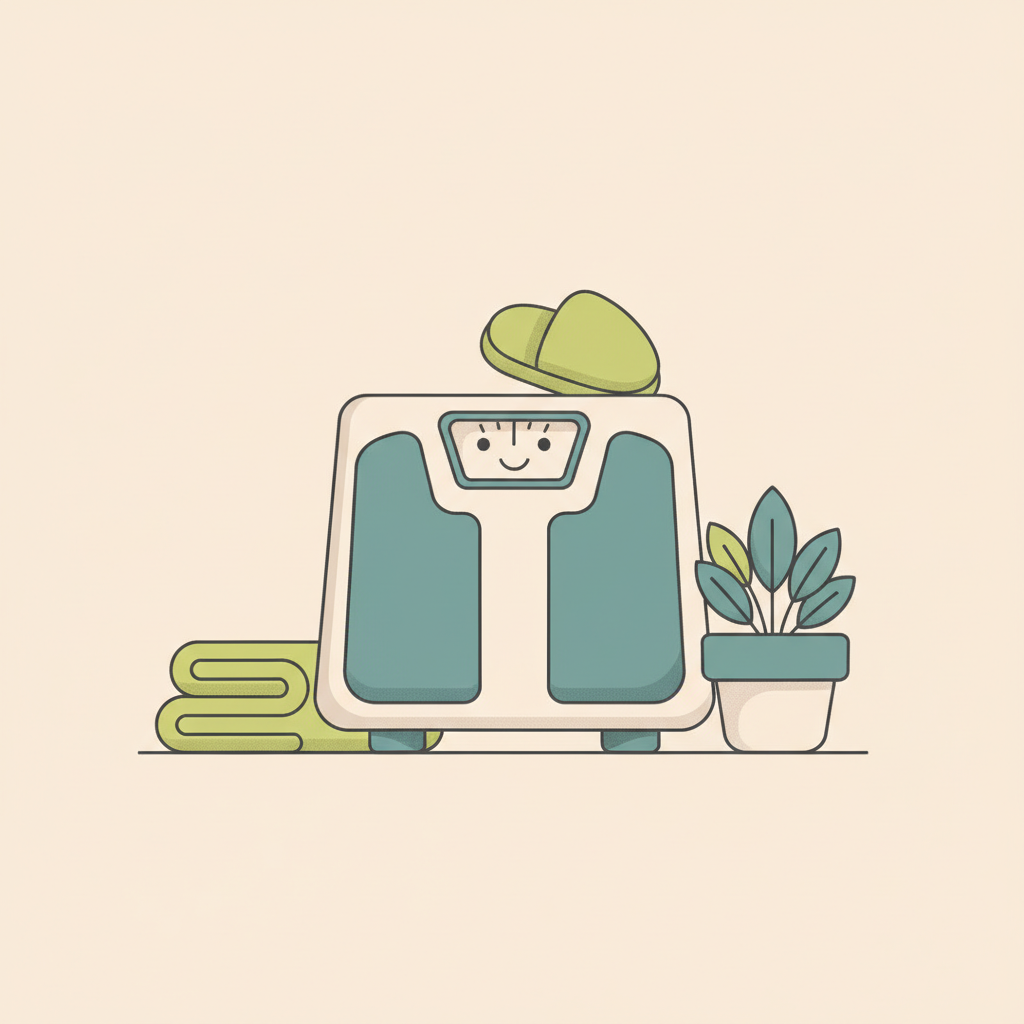 Minimalistische Vektorillustration einer Waage mit Smiley-Display, Handtuch, Wollpantoffeln und Topfpflanze in Vegardians-Farben, ruhige Szene zum Thema innenschenkel trainieren