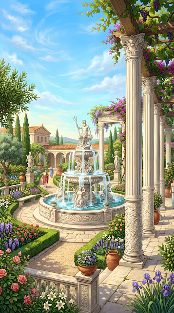 Lavish Roman Garden with White Marble Fountain and Fluted Columns - Free mobile Wallpaper