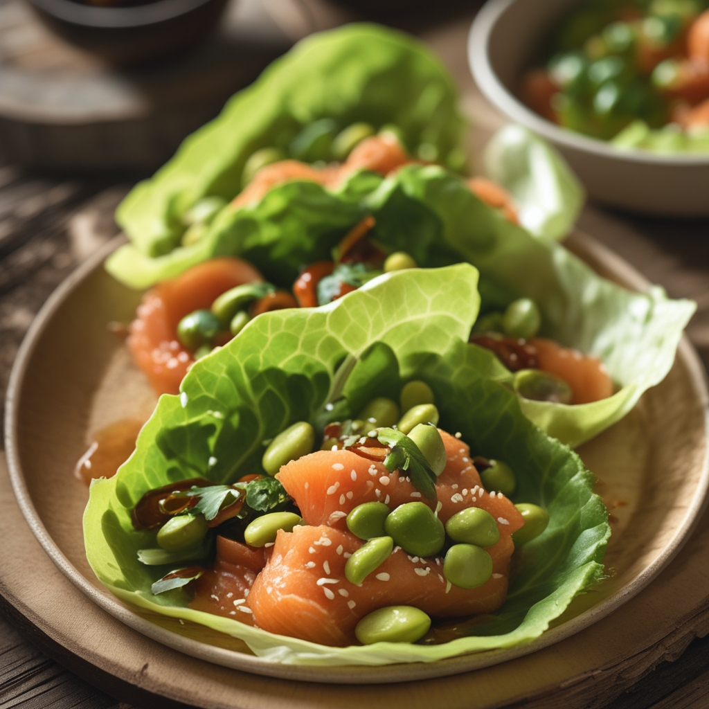 Salmon & Edamame Lettuce Wraps with Sesame Ginger Sauce