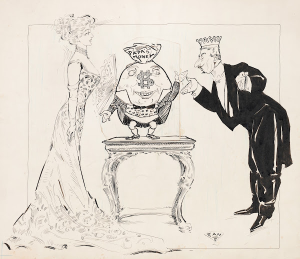 Beautiful young woman and a crowned gentleman greeting money bag on table 1908