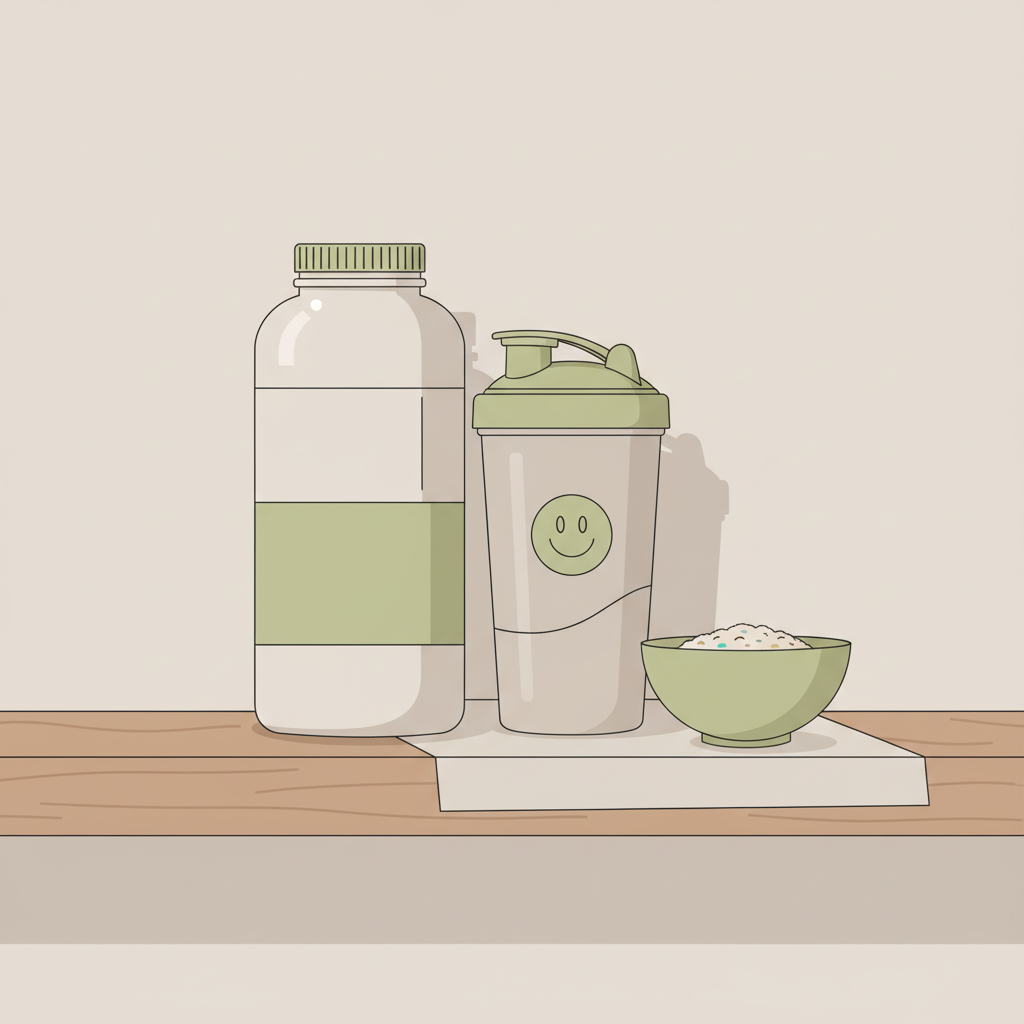 Nahaufnahme eines minimalistischen 2D-Vektorbilds mit Proteinflasche, Shaker und Schale Haferflocken auf Regal in Salbei- und Grünakzenten, ruhige Studio-Stimmung – nachts ins fitnessstudio