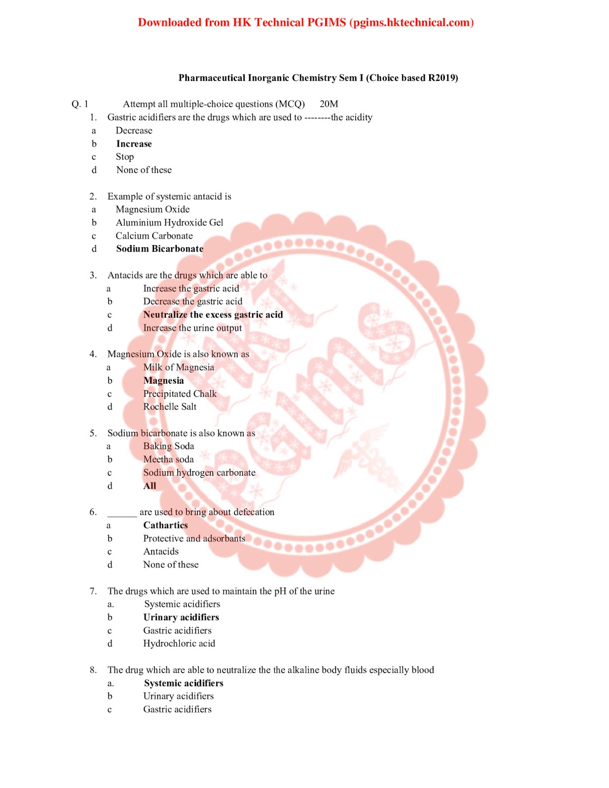 PIC Question Bank MCQs S.P.B.C. COP 1st Semester B.Pharmacy Previous Year's Question Paper,BP104T Pharmaceutical Inorganic Chemistry,BPharmacy,Previous Year's Question Papers,BPharm 1st Semester,S.P.B.C COP,