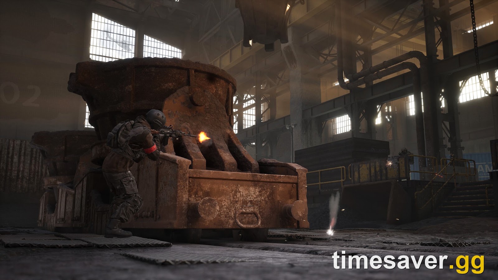 A WARDOGS firefight inside a derelict steel foundry — the industrial-mountains setting where you earn the levels and the Cash a tank costs, since the level only unlocks the option to buy and Cash pays for each deployment.