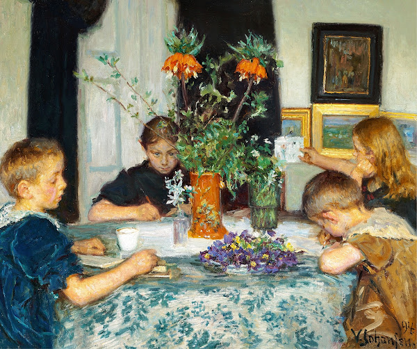 Børn der male Foraarsblomster 1894
