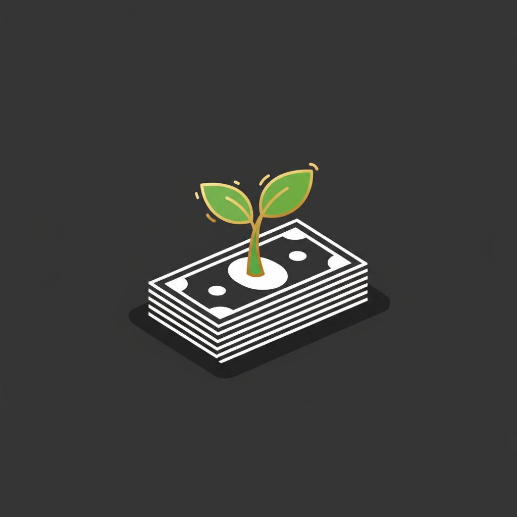 Minimalist 2D vector of a small green sprout growing from folded US dollar bills on a dark background symbolizing investing with $100 in Finance Police brand colors