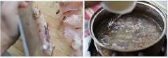 Cho gân vừa cắt vào nồi cũng 2 muỗng canh rượu vang trắng, gừng, đổ nước ngập thịt rồi đun nhỏ lửa trong khoảng 5-8 phút để khử mùi.