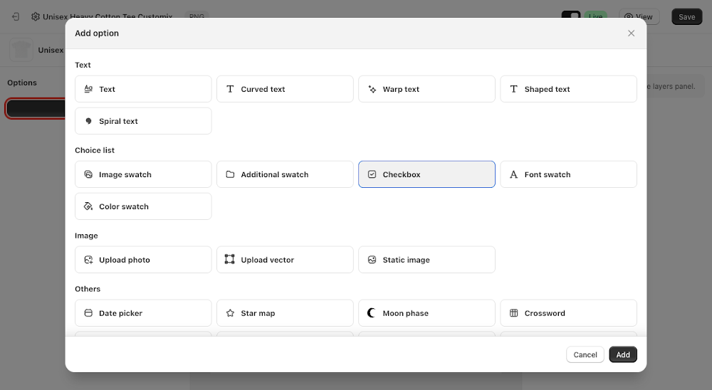 Add option menu with Checkbox selected under Choice list