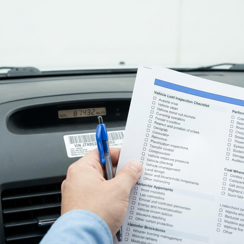 Close up of Toyota Camry odometer and VIN sticker with a hand holding a checklist during inspection used toyota camry for sale