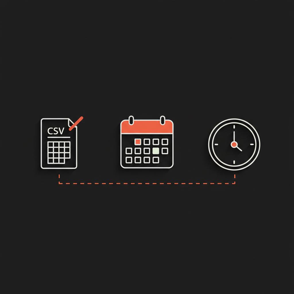 Minimal vector infographic of a CSV file icon, calendar, and clock on a black background with #dc5c2b accents and #dddddd elements — how to see twitter impressions
