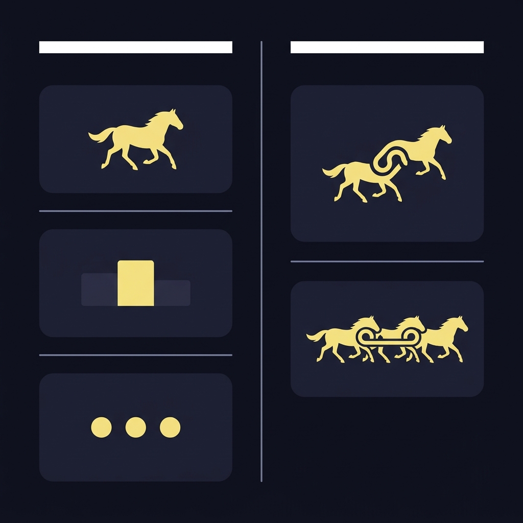 Minimalist 2D vector infographic comparing types of bets horse racing showing simple pools Win Place Show icons and exotic tickets Exacta Trifecta icons on dark Funded Plays style background