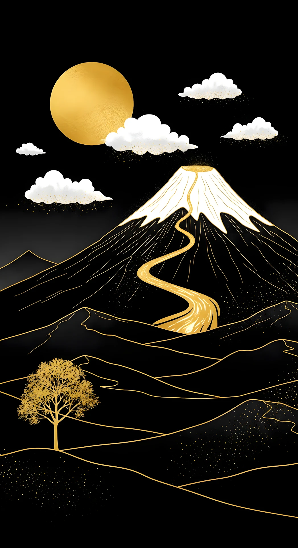 Black Gold Mountain Landscape Minimal Japanese Style Art - Free 4K mobile Wallpaper