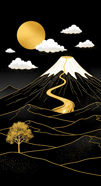 Black Gold Mountain Landscape Minimal Japanese Style Art - Free mobile Wallpaper