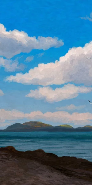 Seascape Painting, Coastal Art, Nature Illustration, Cloudscape 4K Wallpaper Background