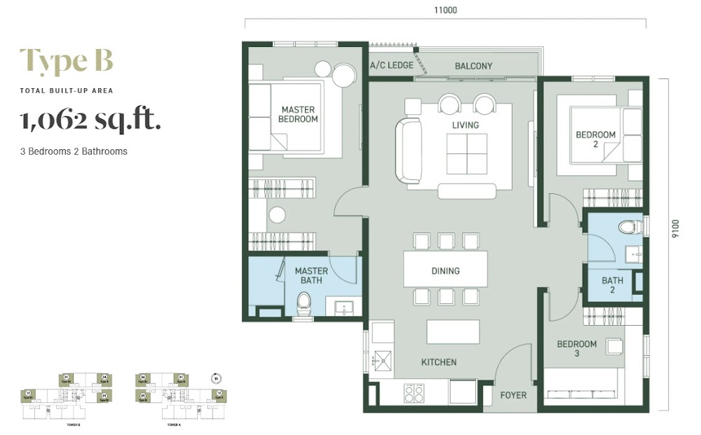 Aras Residence Type B floor plan — 1062 sq ft, 3 bedrooms