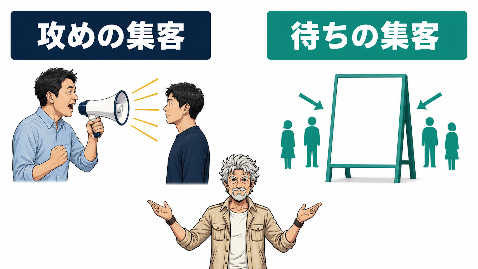 攻めの集客と待ちの集客の対比図
