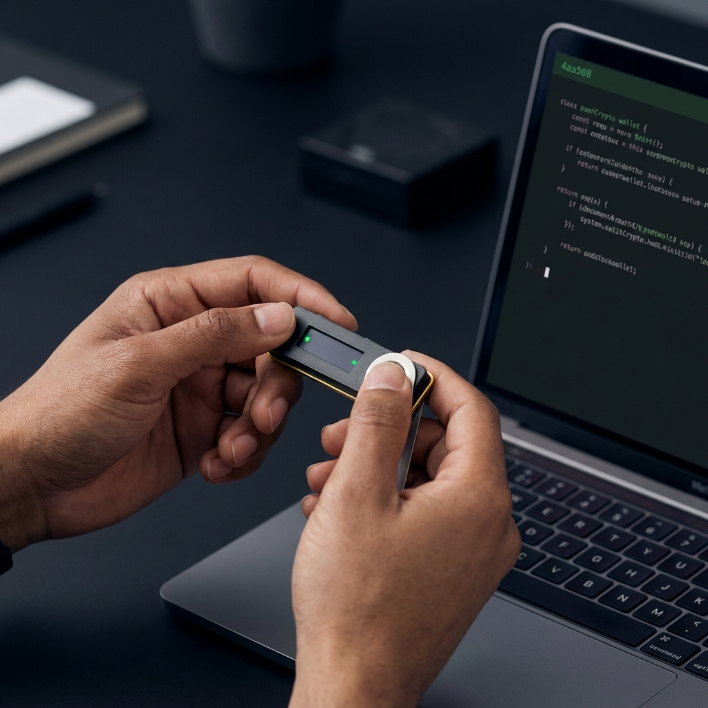 Close up of hands holding a hardware wallet next to a laptop showing code illustrating best place to buy crypto in a minimalist fintech style