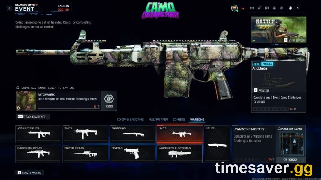 BO7 Camo Costume Party Warzone event menu with the Patchwork camo weapon preview and weapon class challenge tab