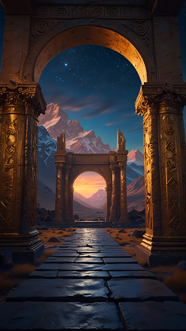 Ancient Archway Leading to Mountain Sunset