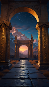 Ancient Archway Leading to Mountain Sunset