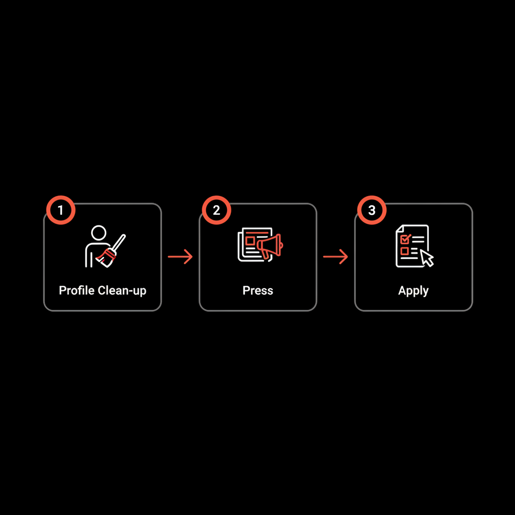 Minimalist full-frame infographic flowchart illustrating steps for Instagram verification: profile clean-up, press, apply on black background with brand accent colors.