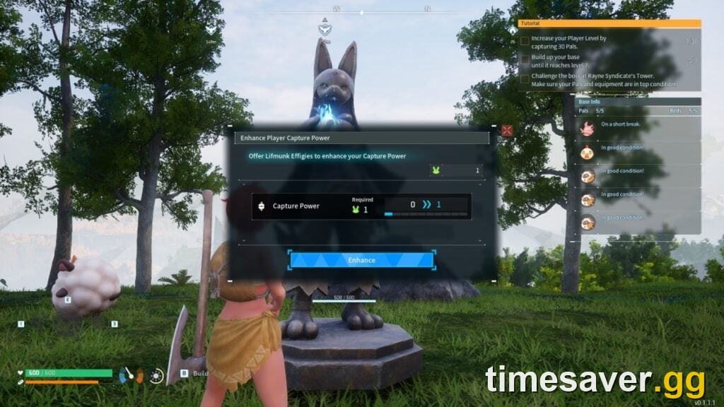 The Statue of Power in Palworld with the Enhance Player Capture Power menu open, offering Lifmunk Effigies